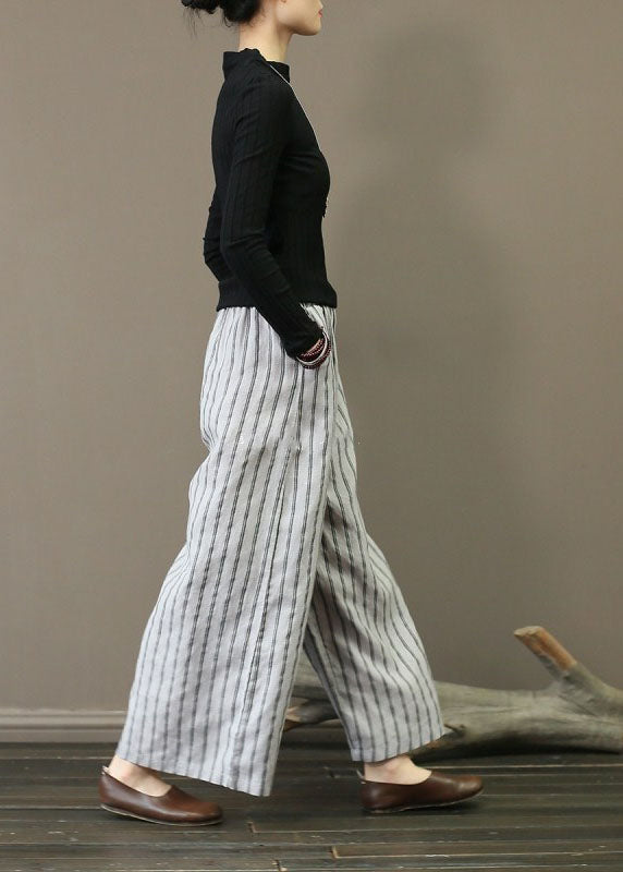 Unique Light Grey Elastic Waist Oversized Striped Linen Pants Trousers