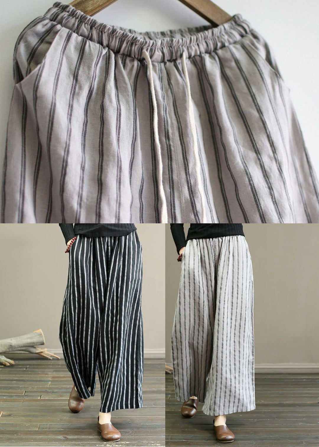 Unique Light Grey Elastic Waist Oversized Striped Linen Pants Trousers