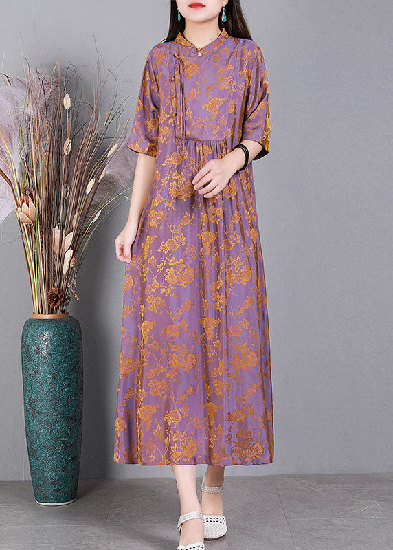 Unique Light Purple Stand Collar Jacquard Side Open Oriental Button Silk Dress Half Sleeve