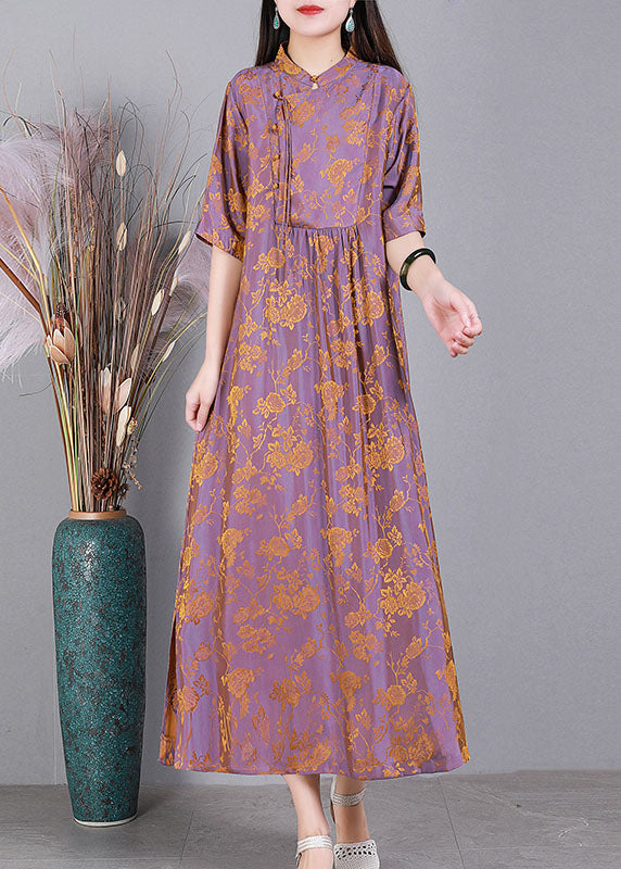 Unique Light Purple Stand Collar Jacquard Side Open Oriental Button Silk Dress Half Sleeve