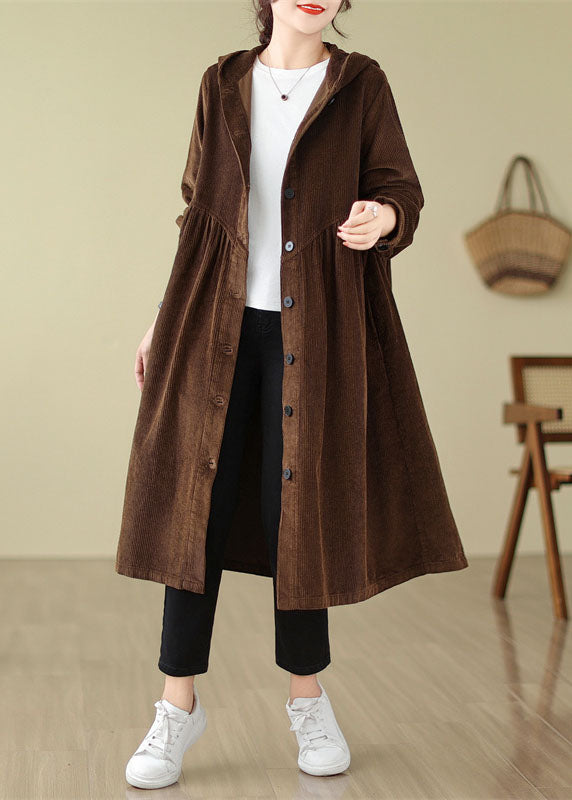 Unique Mulberry Patchwork Wrinkled Button Corduroy Hooded Trench Coats Fall