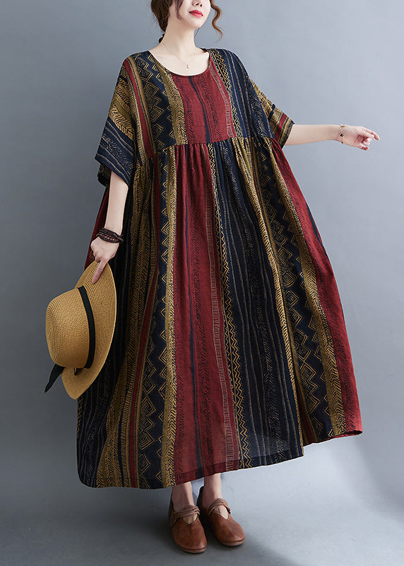 Unique Mulberry Striped Patchwork Wrinkled Maxi Dresses Summer