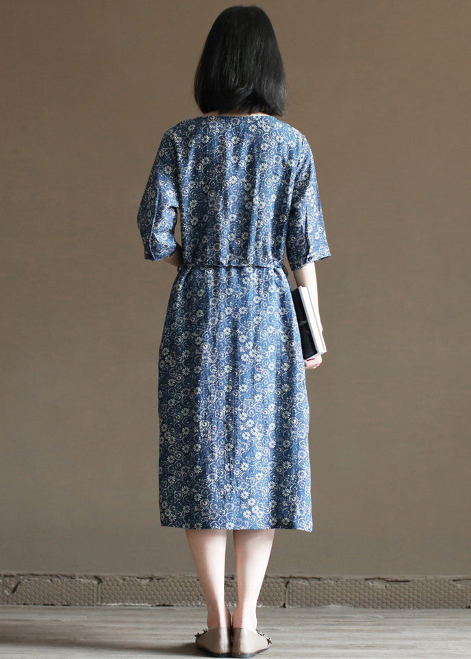 Unique Navy V Neck Print Tie Waist Linen Women's Dresses Half Sleeve