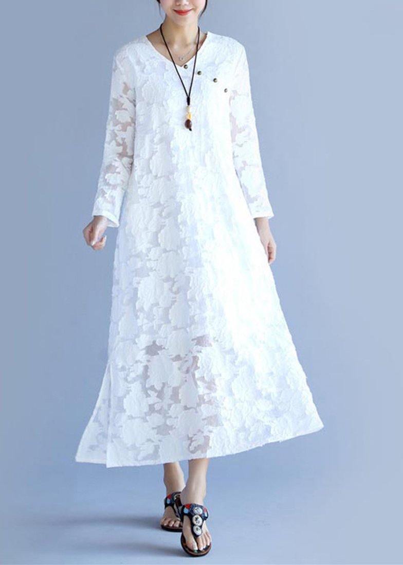 Unique O Neck Spring Tunic Pattern Fabrics White Cut Flowers Long Dress - Omychic