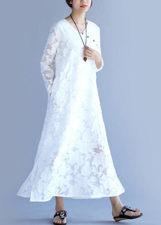 Unique O Neck Spring Tunic Pattern Fabrics White Cut Flowers Long Dress - Omychic