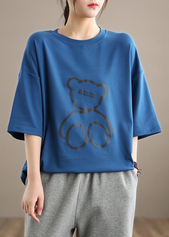 Unique O neck Half Sleeve Spring Shirts Women Shirts Blue Bear Design Top - Omychic