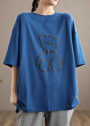 Unique O neck Half Sleeve Spring Shirts Women Shirts Blue Bear Design Top - Omychic