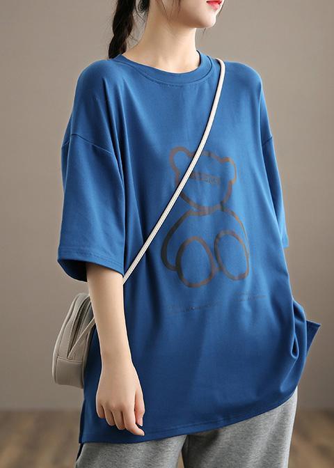 Unique O neck Half Sleeve Spring Shirts Women Shirts Blue Bear Design Top - Omychic