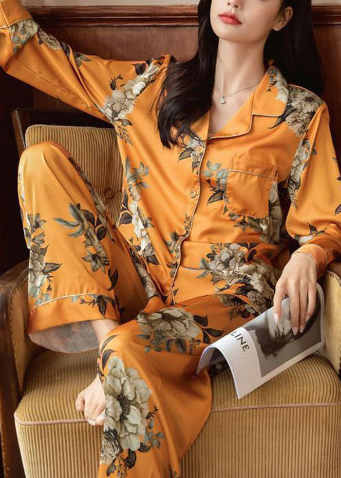 Unique Orange Oversized Floral Pocket Ice Silk Pajamas Two Pieces Set Spring