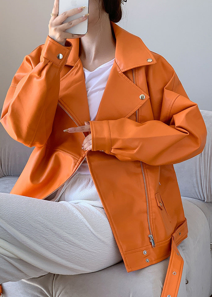 Unique Orange Peter Pan Collar Zippered Patchwork Faux Leather Jacket Fall