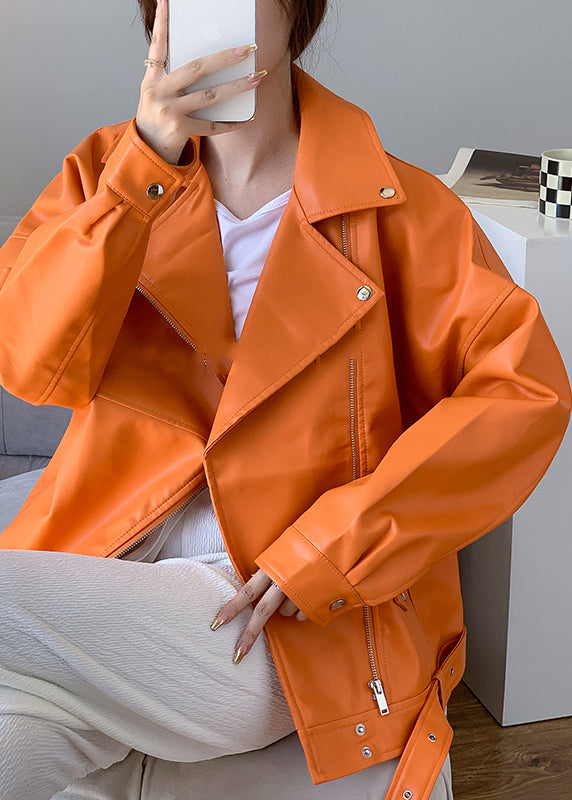 Unique Orange Peter Pan Collar Zippered Patchwork Faux Leather Jacket Fall
