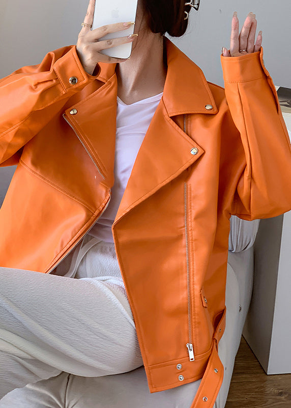 Unique Orange Peter Pan Collar Zippered Patchwork Faux Leather Jacket Fall