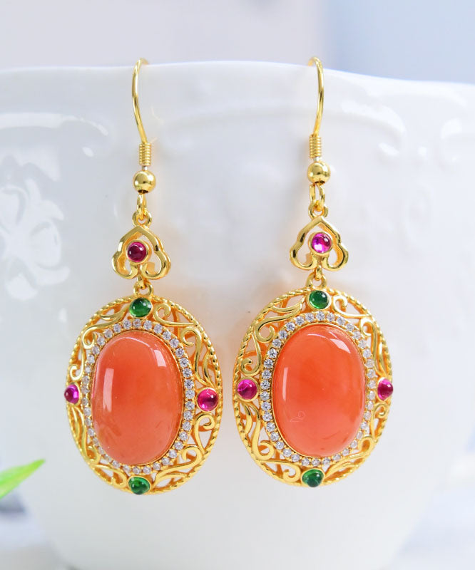 Unique Orange Sterling Silver Gem Stone Agate Zircon Drop Earrings