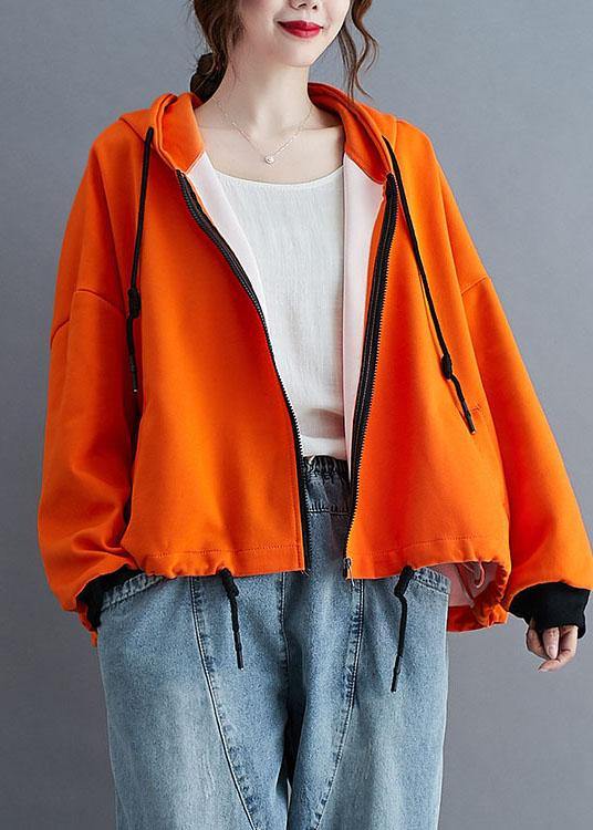 Unique Orange hooded zippered drawstring Fall Jacket Long sleeve - Omychic