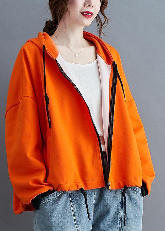 Unique Orange hooded zippered drawstring Fall Jacket Long sleeve - Omychic