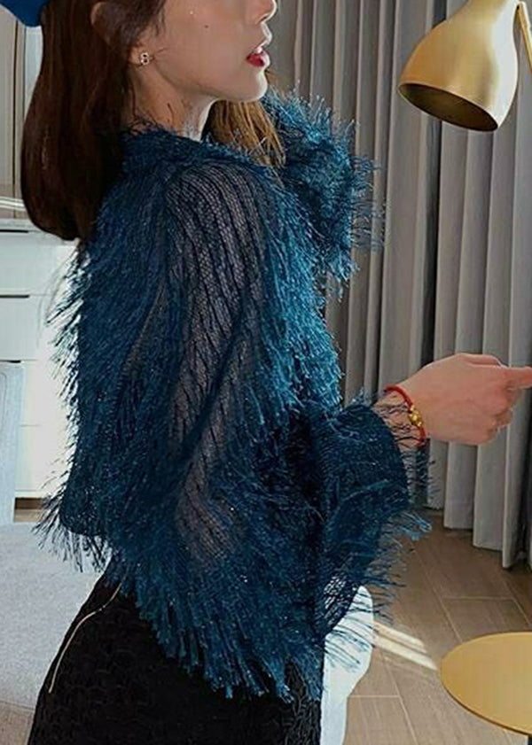 Unique Peacock Blue Tasseled Hollow Out Knit Shirts Fall