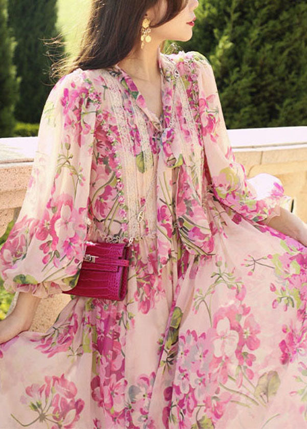 Unique Pink Bow Lace Patchwork Print Silk Dress Summer