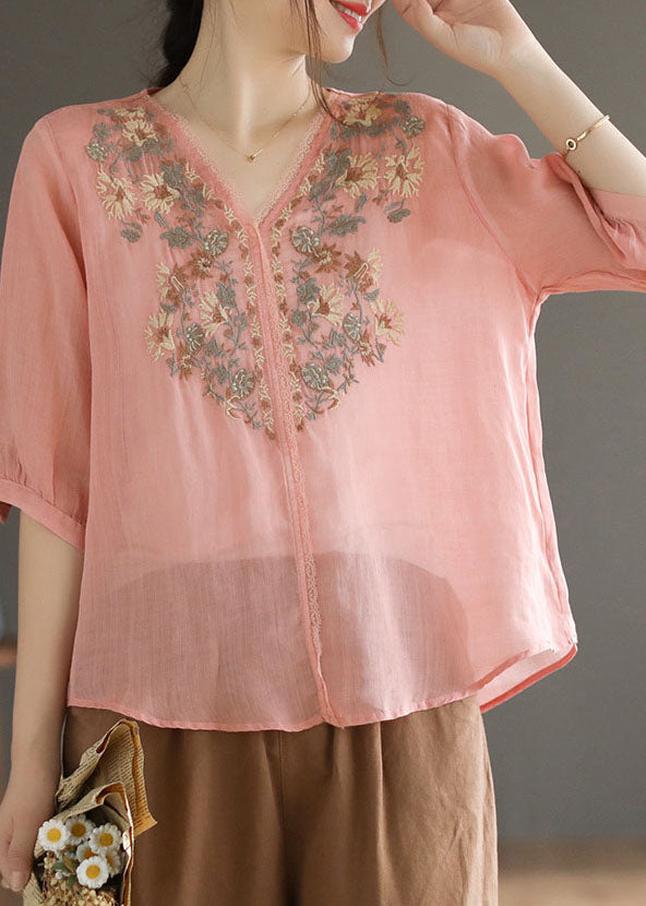 Unique Pink Embroidered Patchwork Linen Tops Half Sleeve