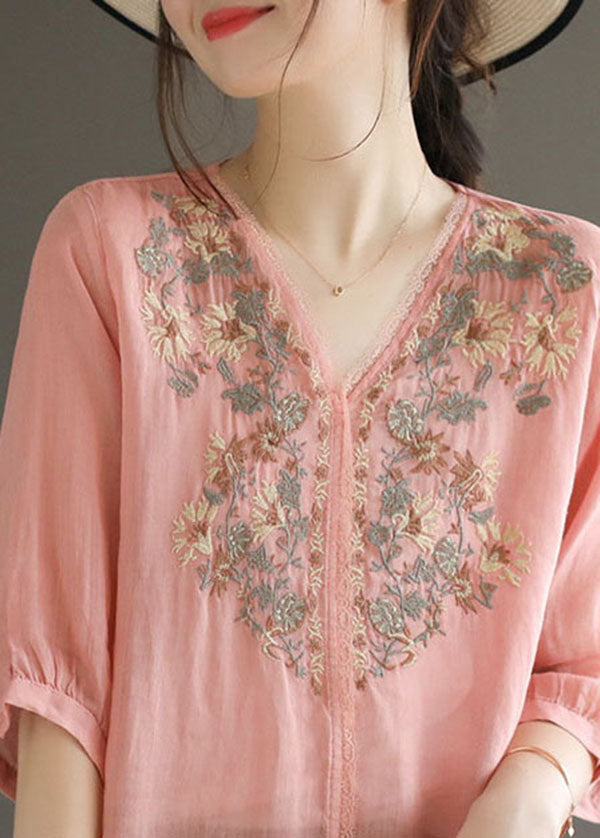 Unique Pink Embroidered Patchwork Linen Tops Half Sleeve