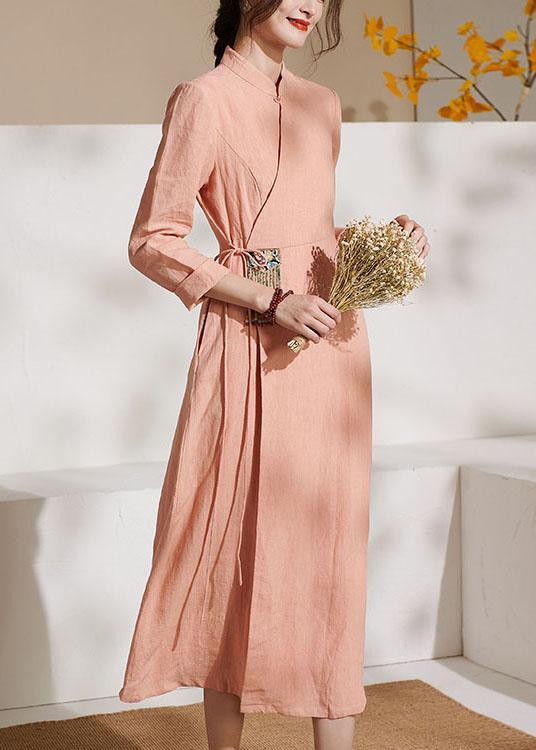 Unique Pink Embroideried tie waist Summer Linen Summer Dresses - Omychic