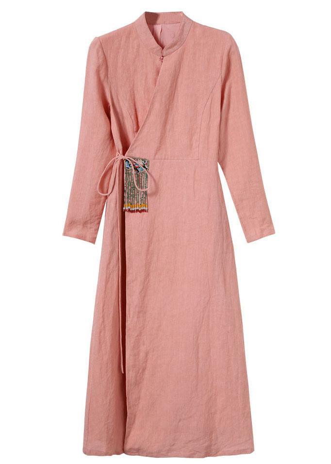 Unique Pink Embroideried tie waist Summer Linen Summer Dresses - Omychic