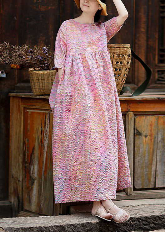 Unique Pink Plaid O Neck Wrinkled Patchwork Cotton Ankle Dress Summer