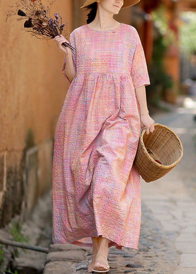 Unique Pink Plaid O Neck Wrinkled Patchwork Cotton Ankle Dress Summer