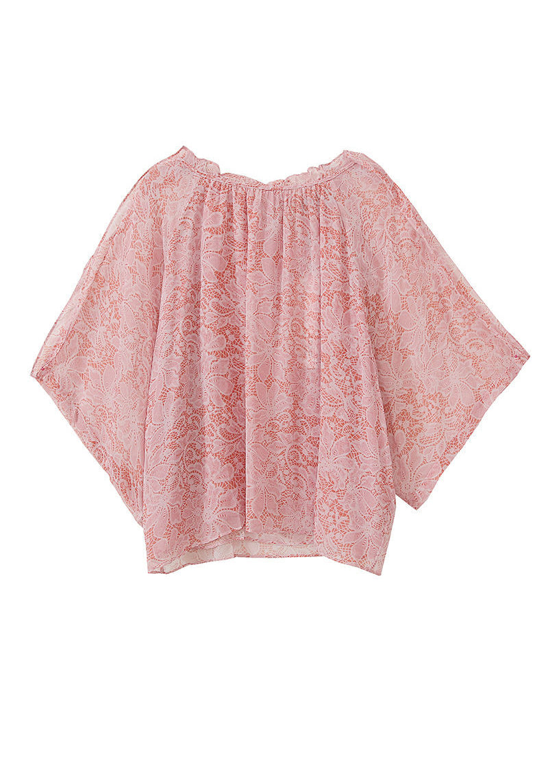 Unique Pink Ruffled Oversized Print Chiffon Shirts Batwing Sleeve