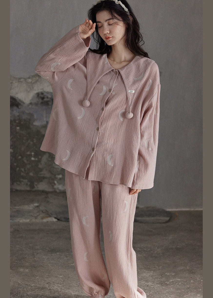 Unique Pink Sailor Collar Print Button Cotton Pajamas Long Sleeve