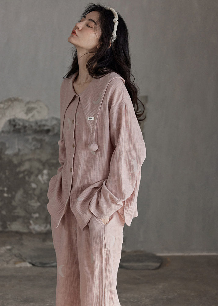 Unique Pink Sailor Collar Print Button Cotton Pajamas Long Sleeve