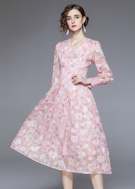 Unique Pink V Neck Backless Print Chiffon Cinch Dress Long Sleeve