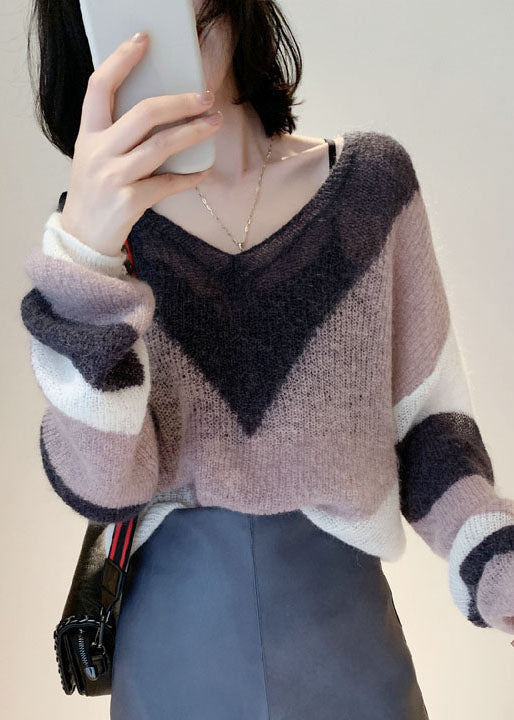 Unique Pink V Neck Patchwork Ma Hai mao Knit Tops Long Sleeve