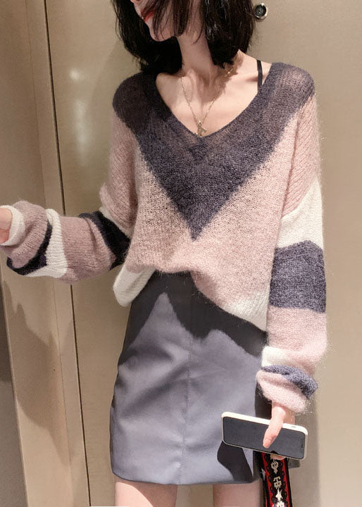 Unique Pink V Neck Patchwork Ma Hai mao Knit Tops Long Sleeve