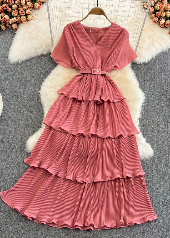 Unique Pink V Neck Sashes Maxi Layered Dress Short Sleeve