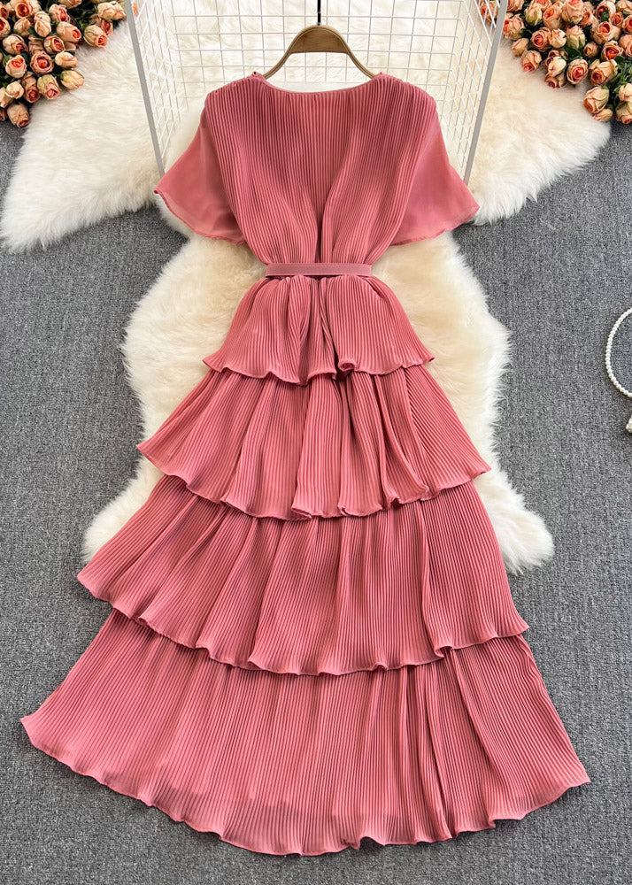 Unique Pink V Neck Sashes Maxi Layered Dress Short Sleeve