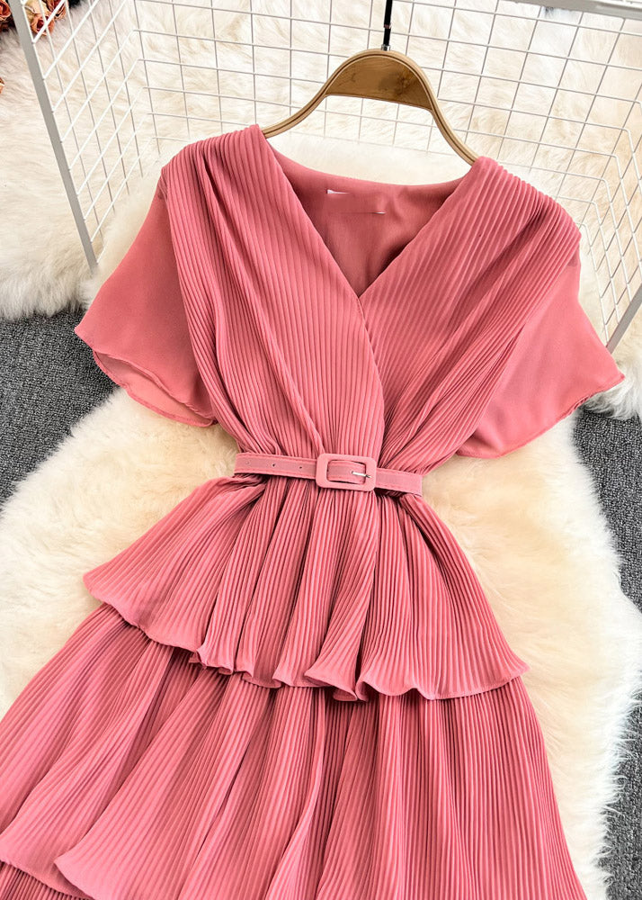 Unique Pink V Neck Sashes Maxi Layered Dress Short Sleeve