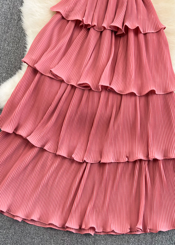 Unique Pink V Neck Sashes Maxi Layered Dress Short Sleeve