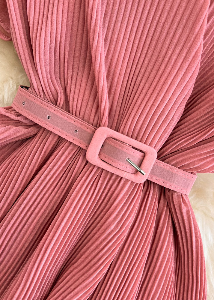 Unique Pink V Neck Sashes Maxi Layered Dress Short Sleeve