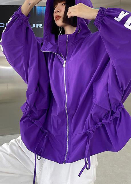 Unique Purple Cotton Letter zippered Hooded Coat Spring - Omychic