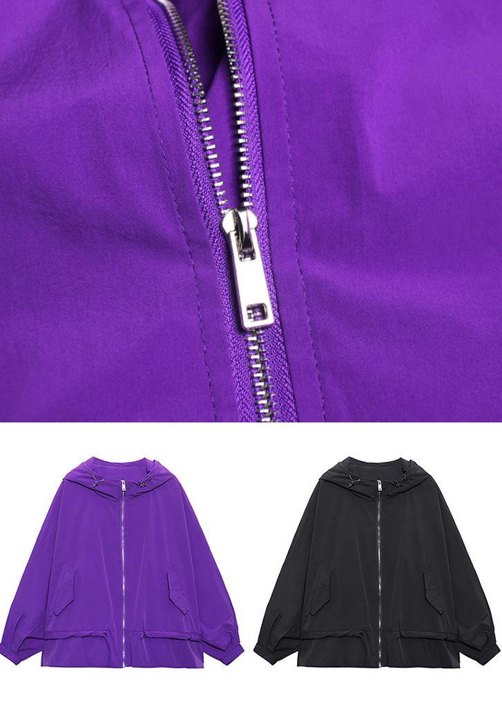Unique Purple Cotton Letter zippered Hooded Coat Spring - Omychic