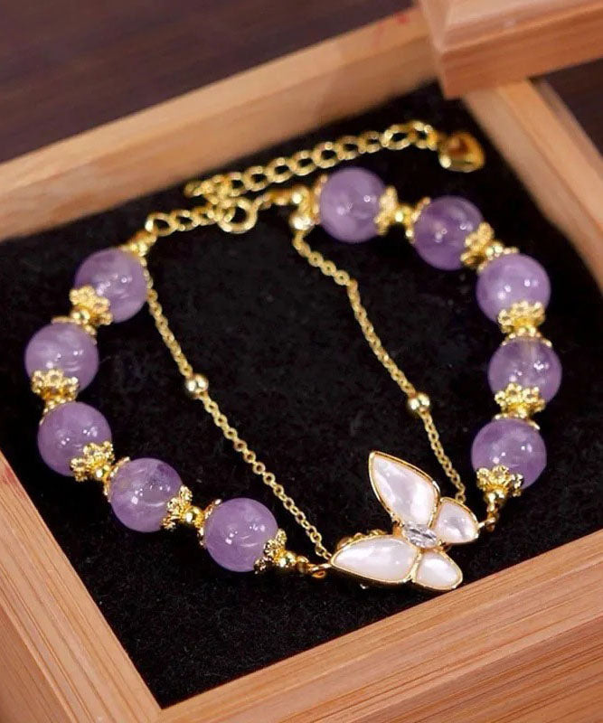 Unique Purple Crystal Zircon Butterfly Double Layered Chain Bracelet