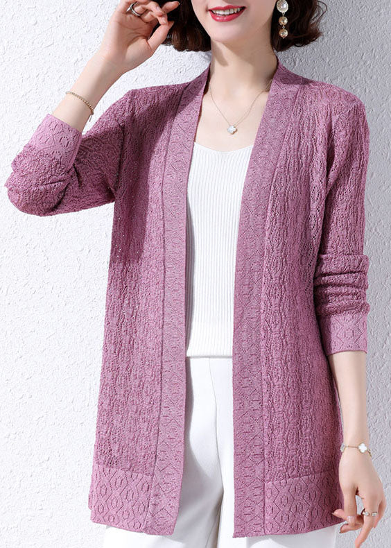 Unique Purple Hollow Out Embroideried Patchwork Knit Cardigans Fall