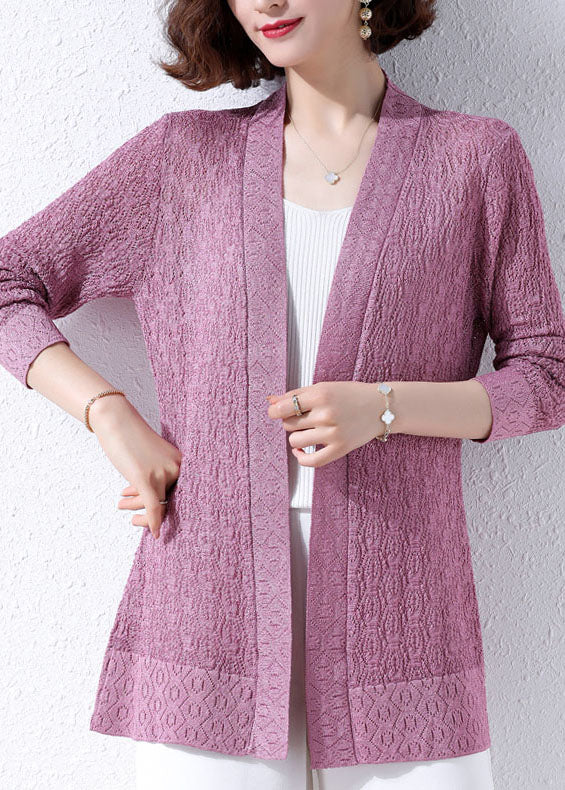 Unique Purple Hollow Out Embroideried Patchwork Knit Cardigans Fall