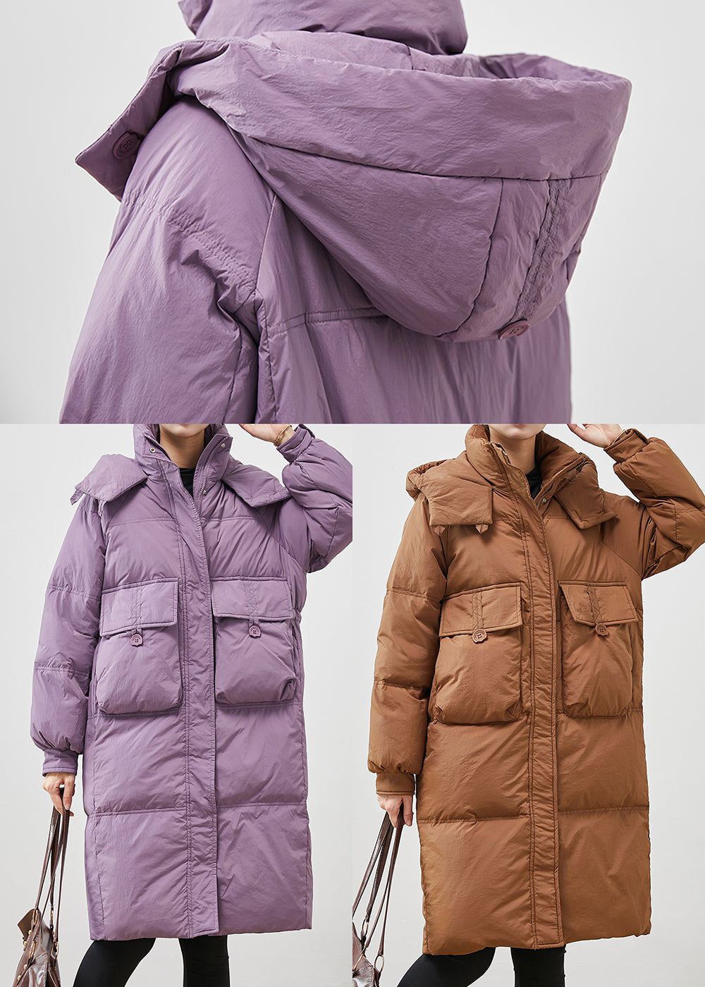 Unique Purple Hooded Pockets Duck Down Puffers Jackets Winter