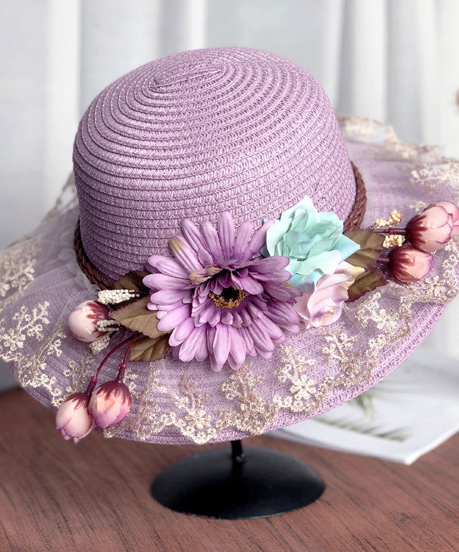 Unique Purple Lace Patchwork Straw Woven Floral Floppy Sun Hat