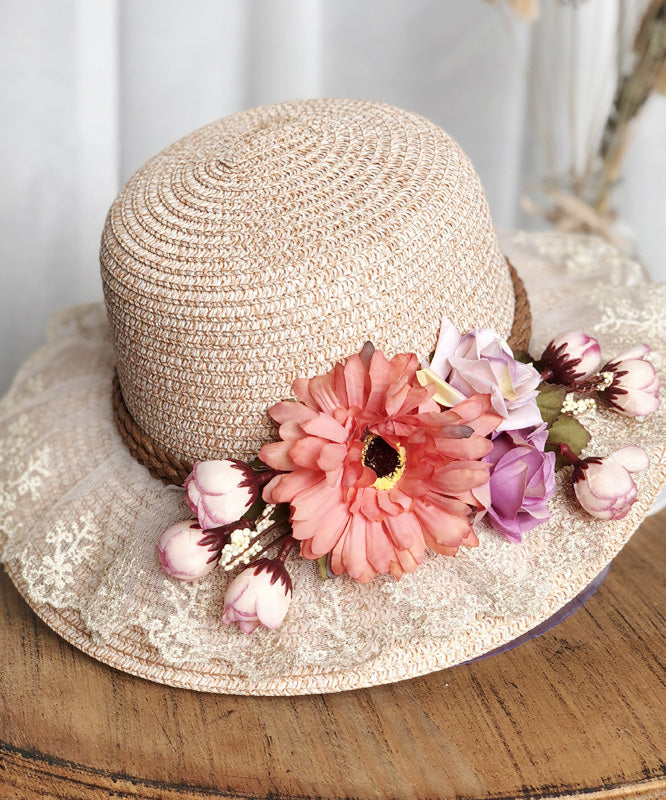 Unique Purple Lace Patchwork Straw Woven Floral Floppy Sun Hat