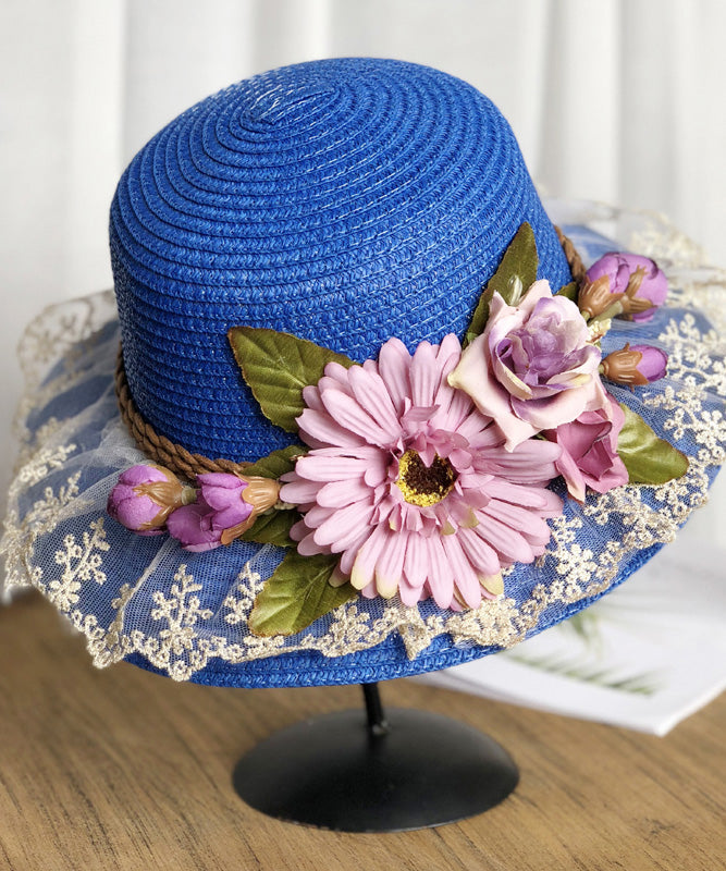 Unique Purple Lace Patchwork Straw Woven Floral Floppy Sun Hat