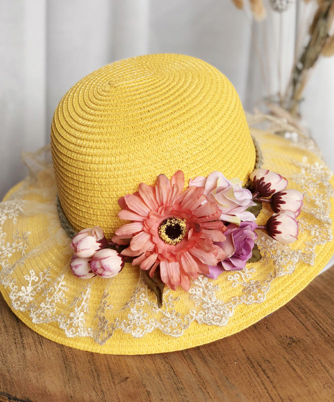 Unique Purple Lace Patchwork Straw Woven Floral Floppy Sun Hat