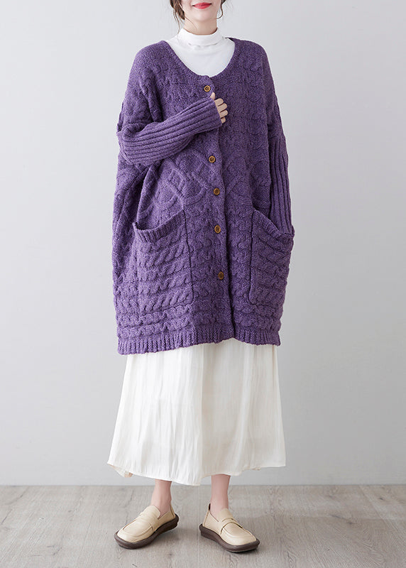 Unique Purple O-Neck Pockets Cozy Knit Cardigan Spring