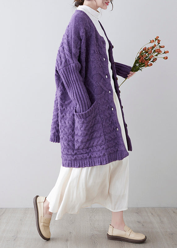 Unique Purple O-Neck Pockets Cozy Knit Cardigan Spring